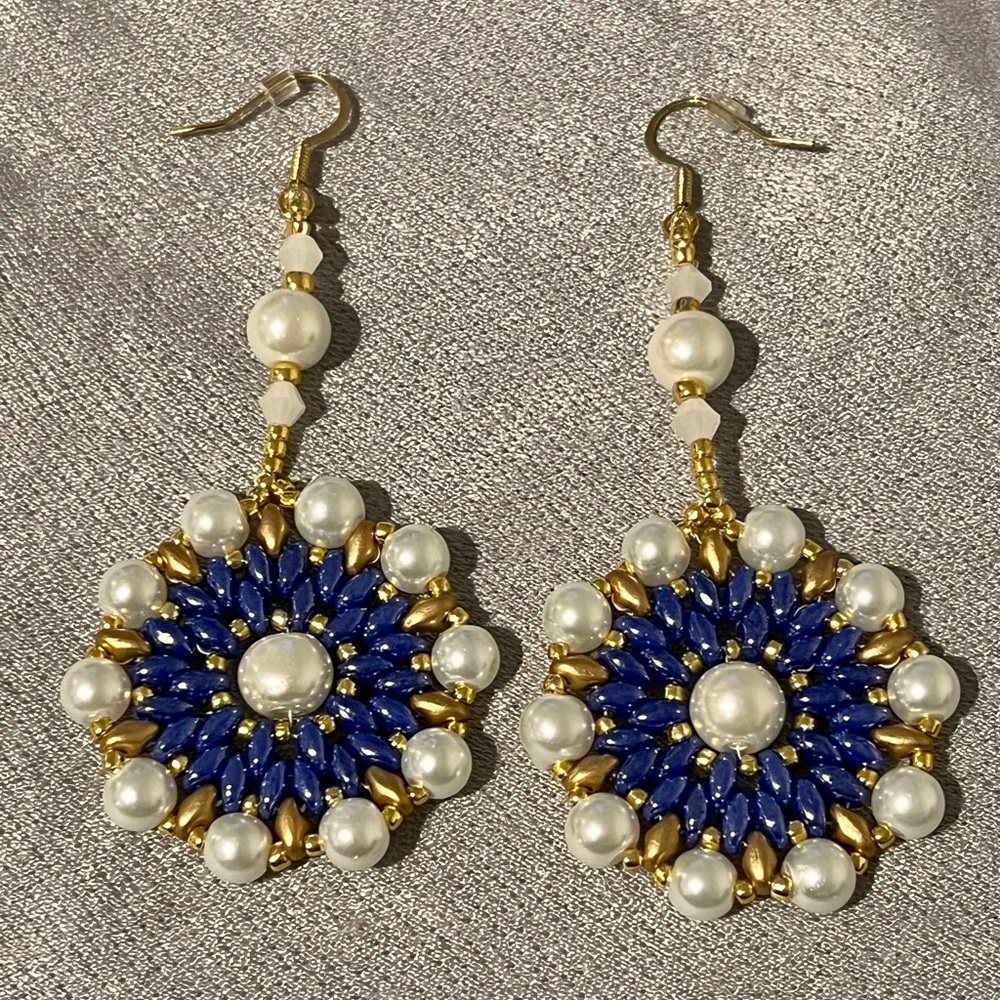 Elegant Blue and Gold Handmade Beaded Earrings